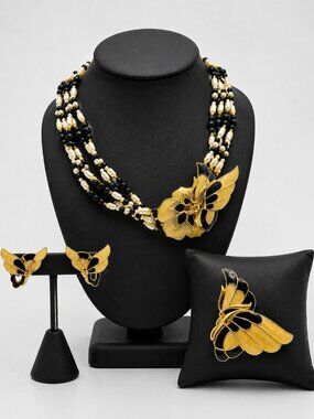 Vintage Trifari Butterfly Necklace Brooch Earrings Set Black Enamel Faux Pearl